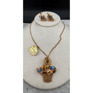 Vintage Flower Basket Necklace or Brooch Screw Back Earrings Set  Rhinestone 17"